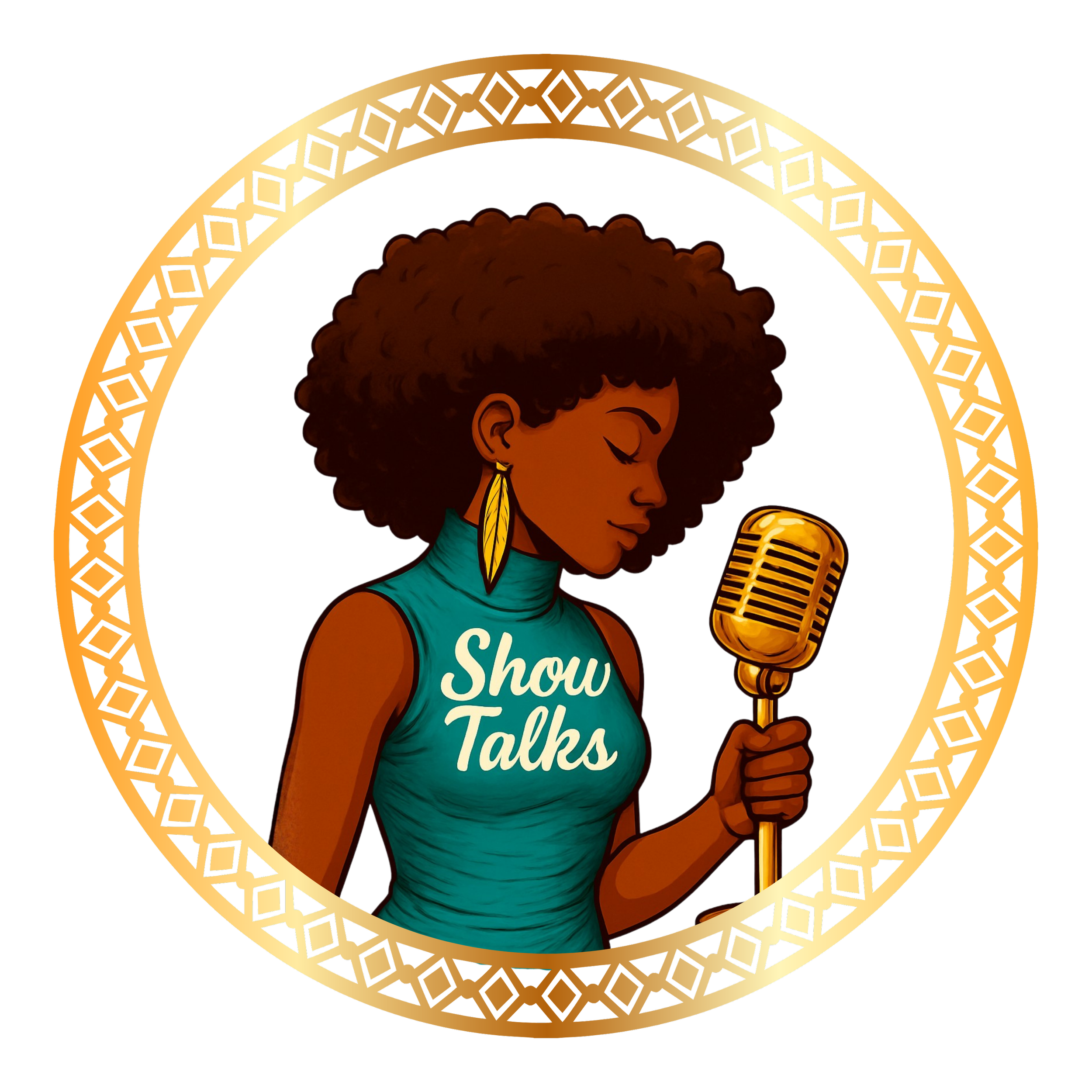 An illustration of a woman with curly hair, wearing earrings, holding a microphone, and wearing a shirt that says 'Show Tells.' She is framed by a decorative gold circular border.
