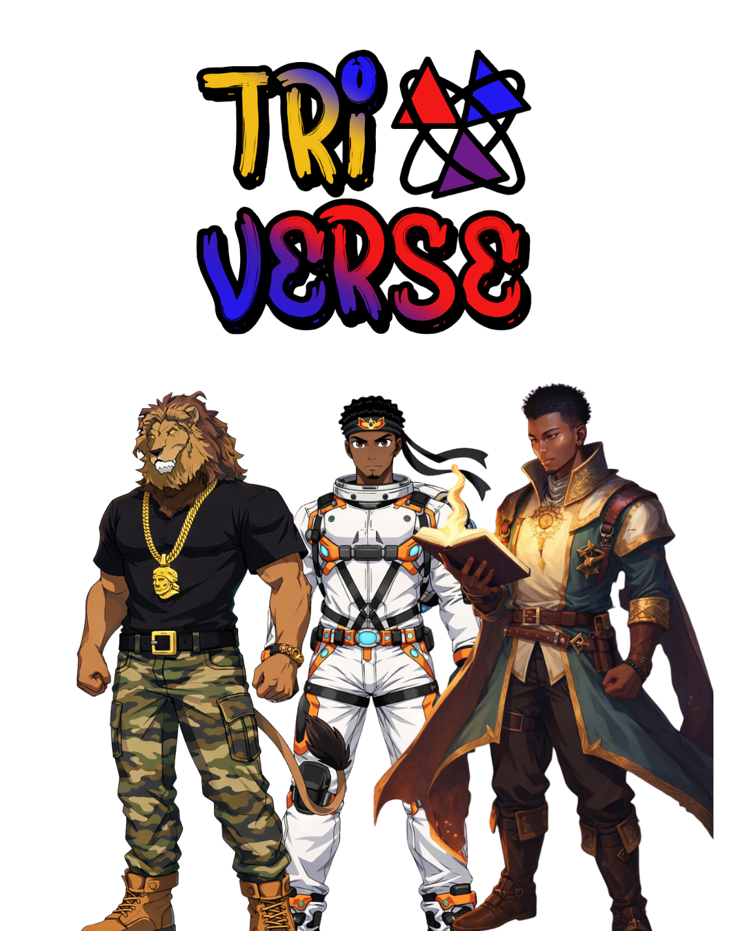 Colorful text reading 'Tri Verse' and three characters: a lion-human hybrid with a gold chain, a person in a space suit with dreadlocks, and a mage holding a glowing book.