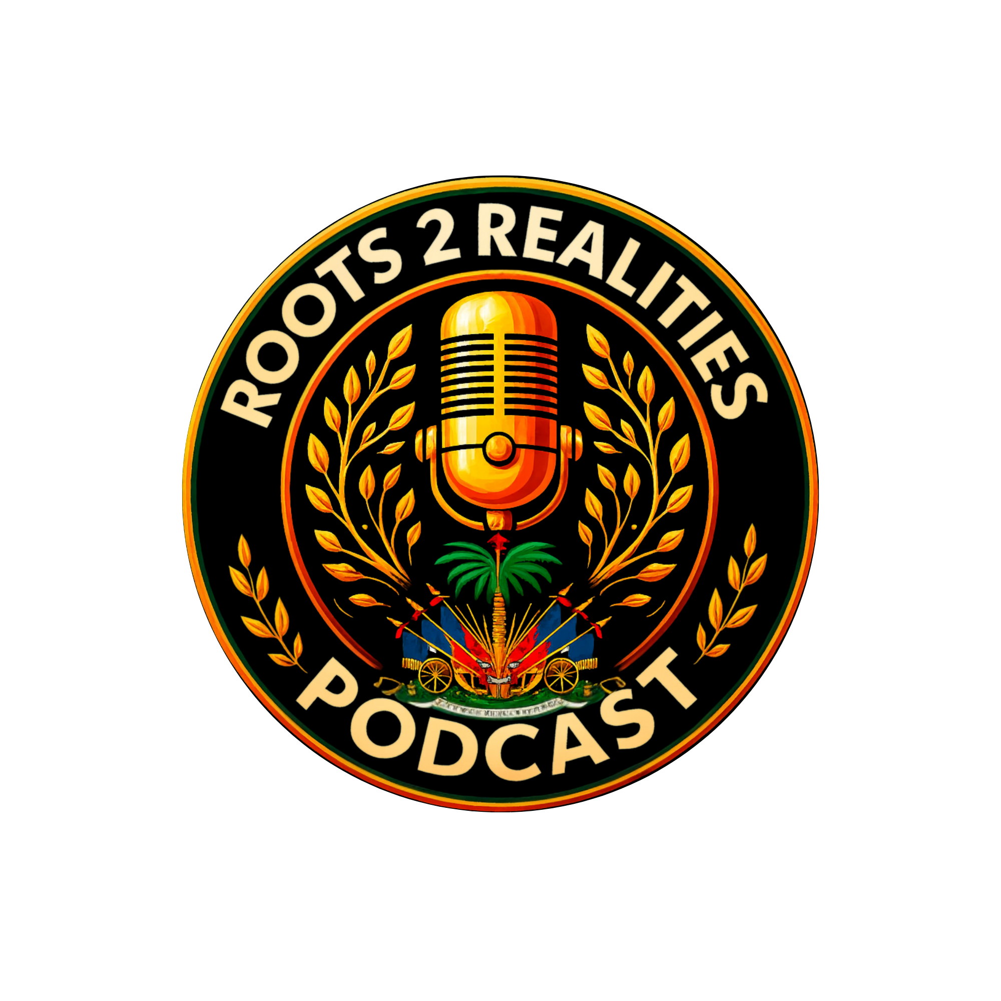 Seal of a microphone and the Haitian coat of arms, and the text "Roots 2 Realities" and "Podcast".