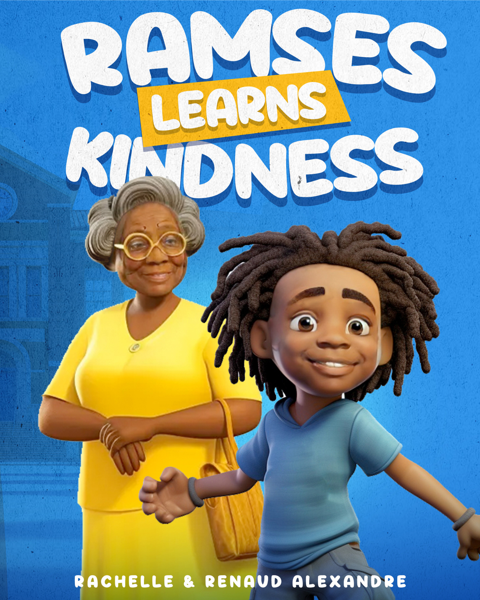 Illustration of two animated characters, an elderly woman with gray hair and glasses wearing a yellow dress, and a young boy with curly hair in a blue shirt, with the words 'REUSE LEARNS KINDNESS' and the names 'RACHELLE & RENAUD ALEXANDRE' on a blue background.