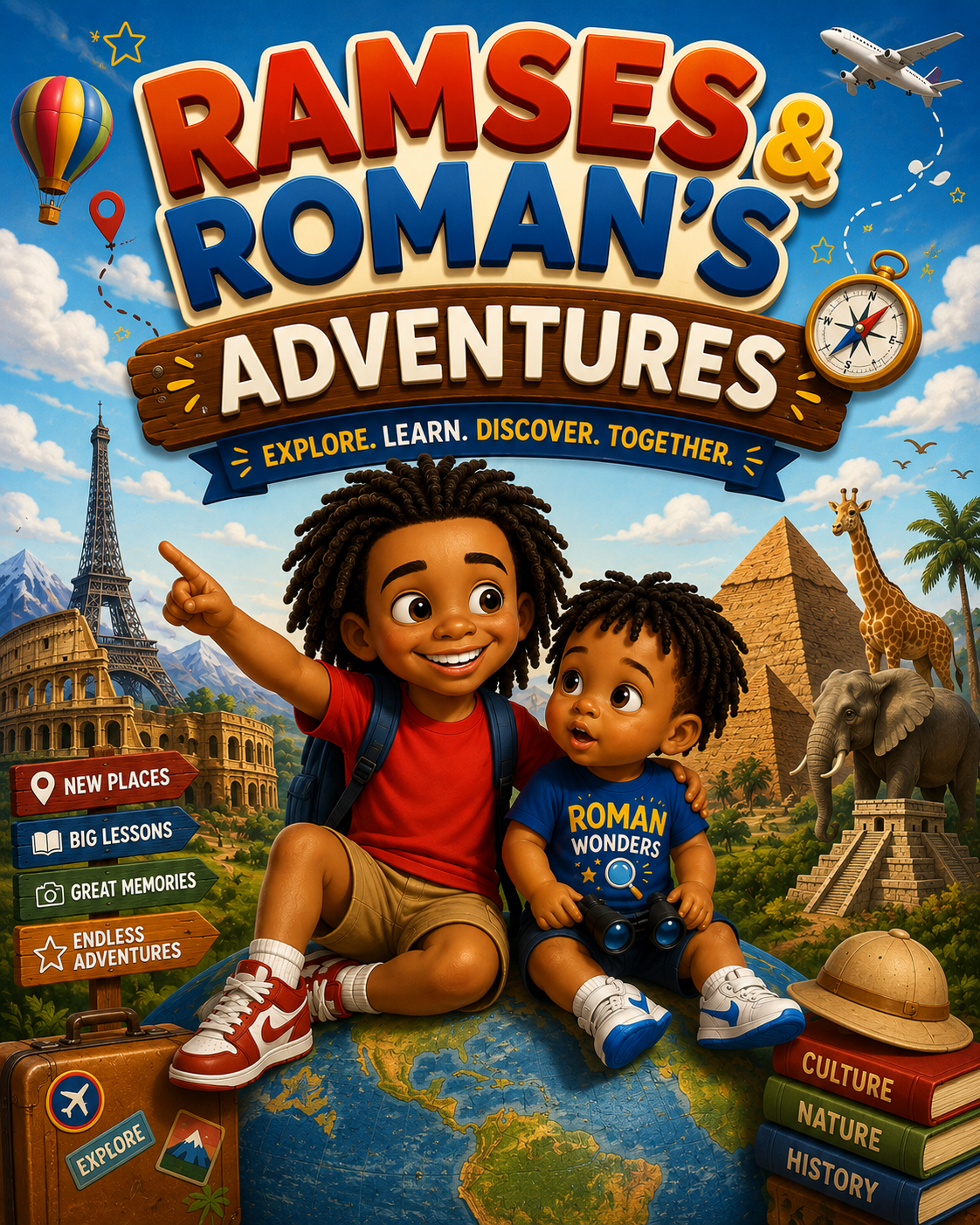 Cover of a children's book titled 'Ramses & Roman's Adventures' featuring two smiling children with backpacks, surrounded by famous landmarks like the Eiffel Tower, Great Wall of China, and pyramids, and animals like a giraffe, elephant, and hot air balloon, with a globe and travel-themed icons.