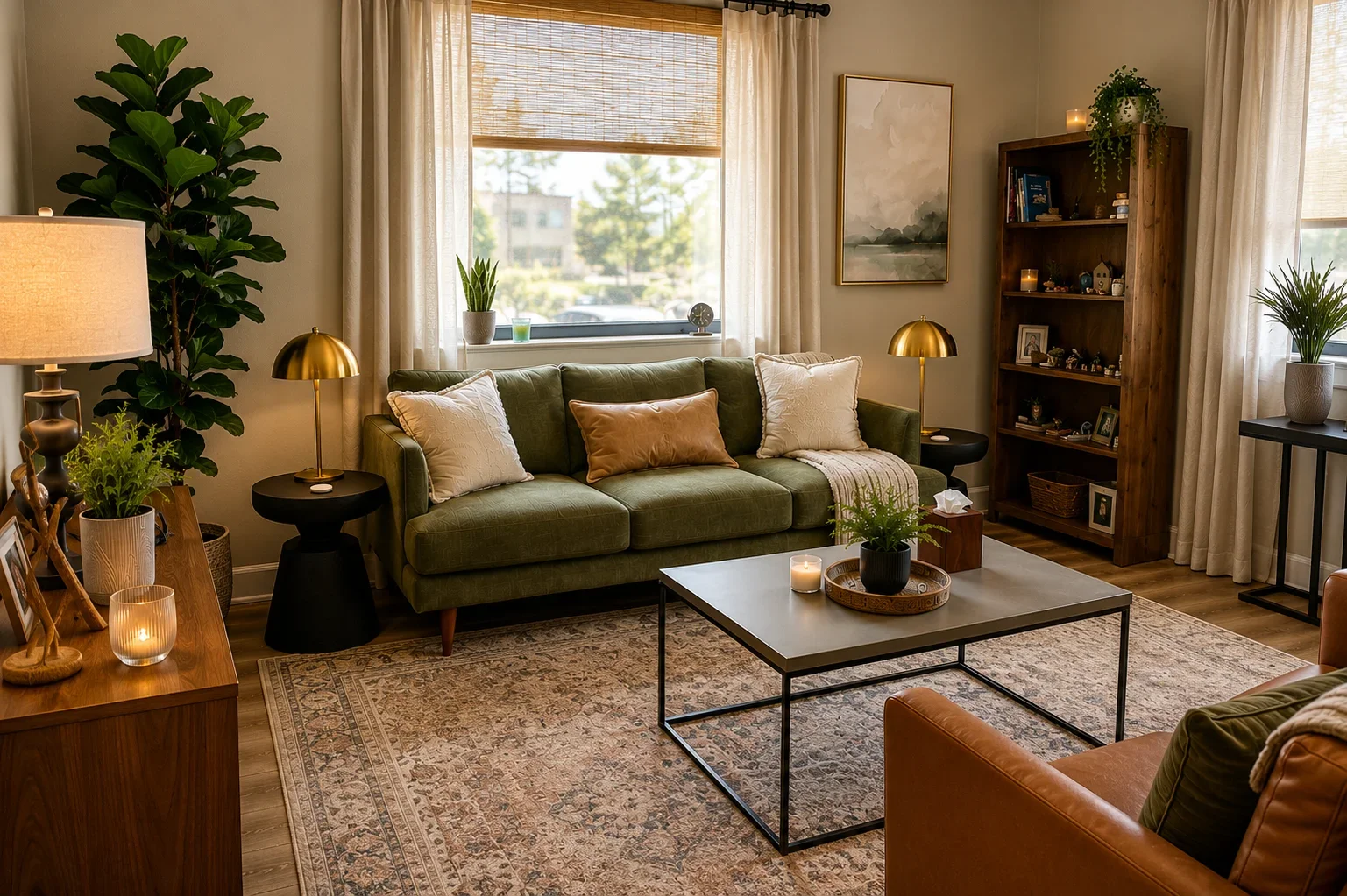 Cozy living room with green sofa, patterned rug, black coffee table, wooden bookshelf, and potted plants, illuminated by warm table lamps and candlelight.