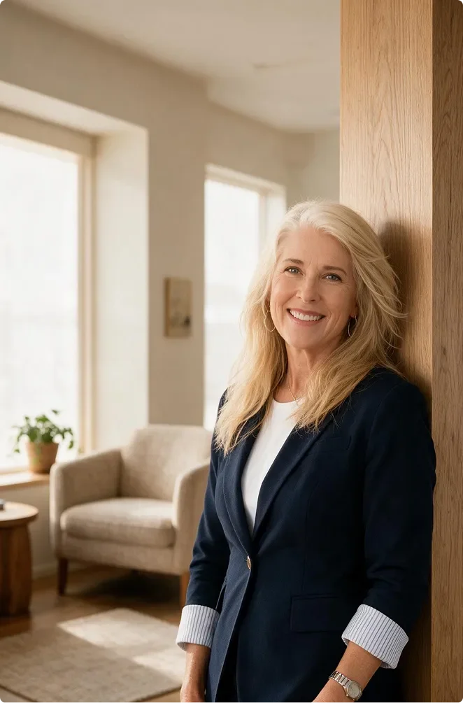 A smiling woman with blonde hair leaning against a wooden wall in a cozy living room, with sunlight coming through windows and a beige armchair nearby.
