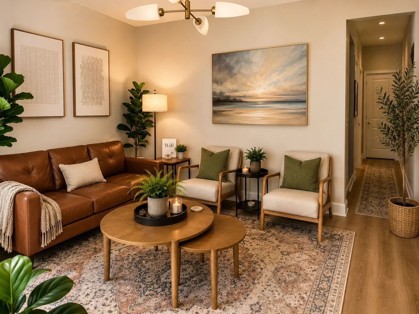 Cozy living room with leather sofa, two armchairs with green pillows, a round wooden coffee table with plants and candles, a tall floor lamp, framed art on the walls, potted plants, and a hallway with a rug.