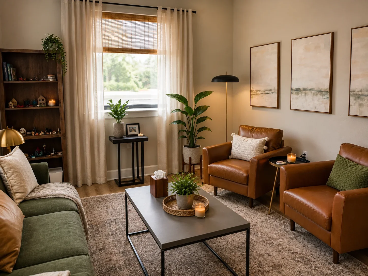 Cozy living room with beige walls, a window with curtains, a green sofa with cushions, two brown leather armchairs, a coffee table with plants and candles, bookshelf with decorative items, and artwork on the walls.