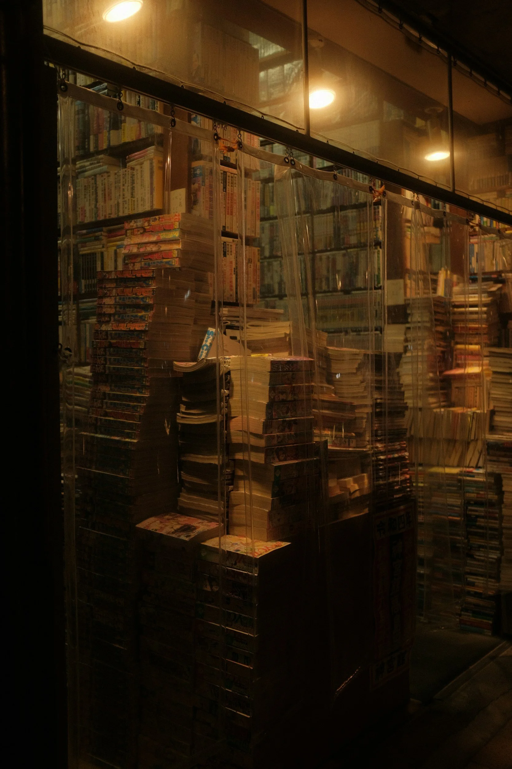 Bookshelves filled with manga and comic books, behind glass doors, in a dimly lit room.