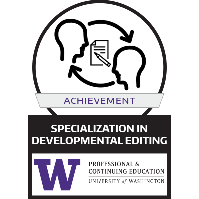 Icon of two people exchanging ideas with a document, 'Achievement' banner, text 'Specialization in Developmental Editing', University of Washington logo, and mention of professional and continuing education.