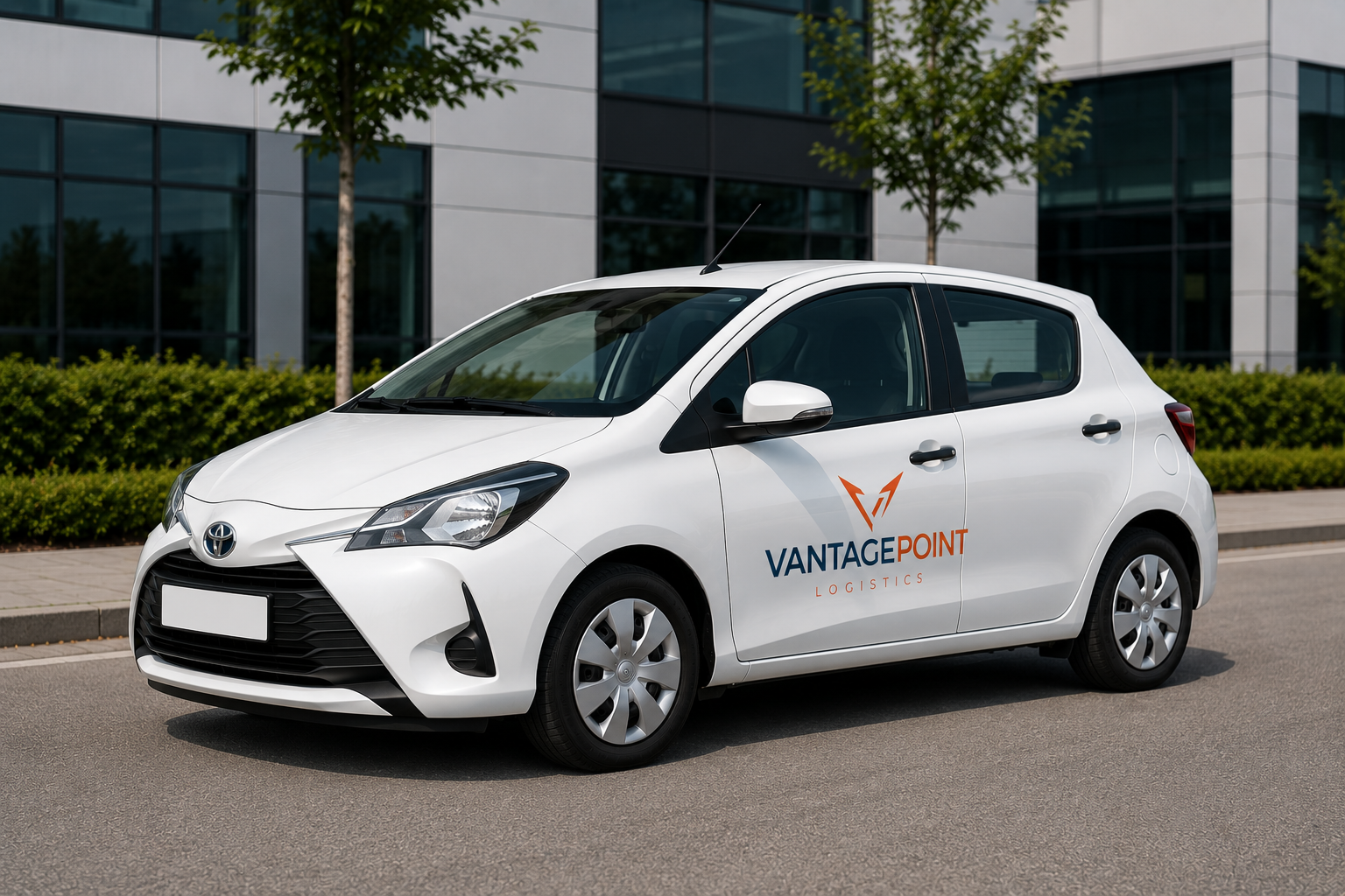 A white Toyota hatchback car with VANTAGEPOINT LOGISTICS branding on the side, parked on a street with modern glass office buildings and greenery in the background.