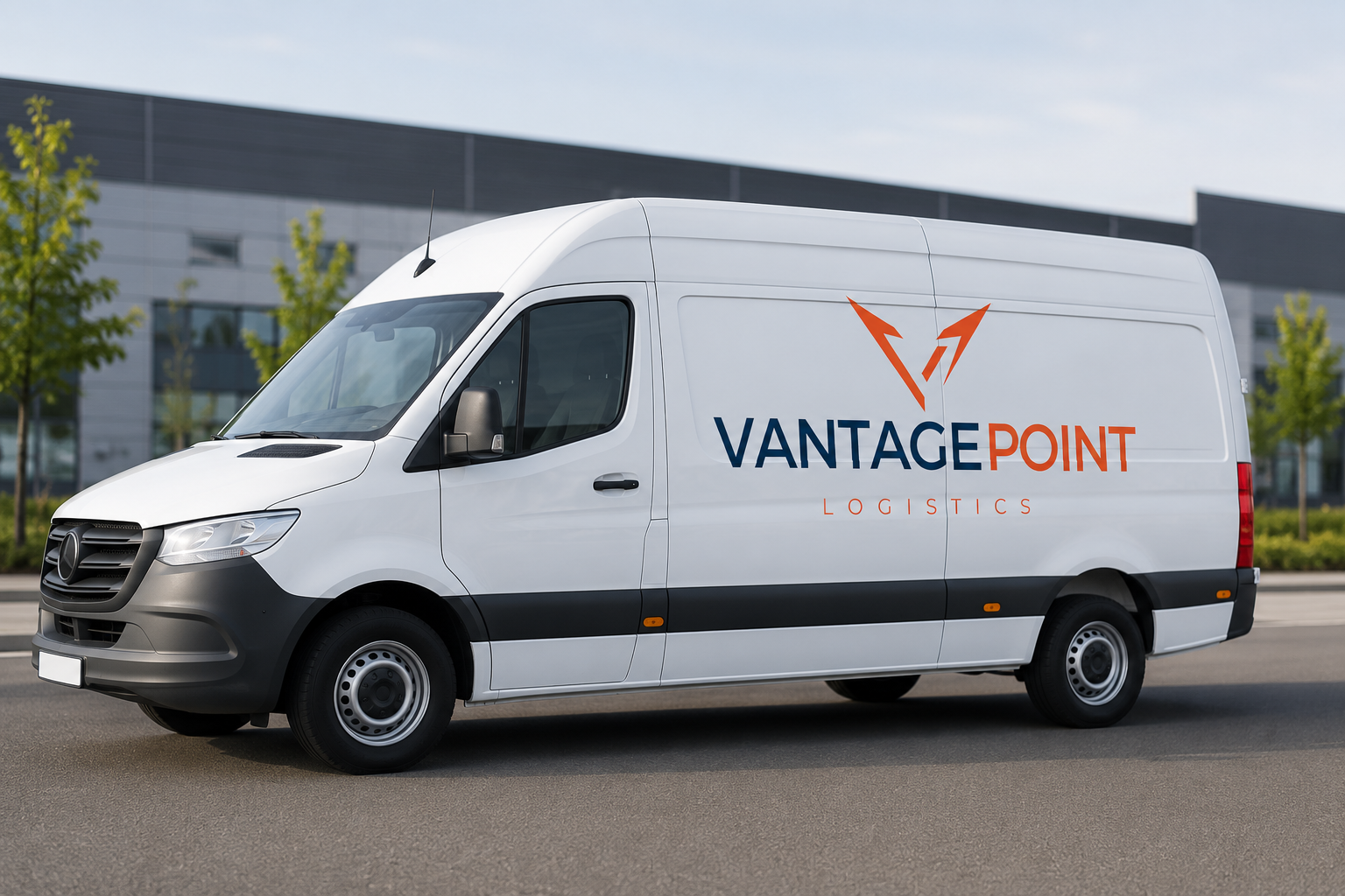 A white VantagePoint Logistics delivery van parked on a street with trees and a modern building in the background.