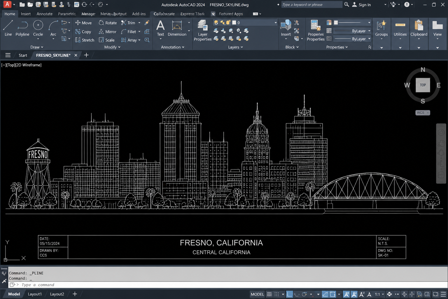 A computer-aided design (CAD) drawing of the Fresno, California skyline in 2D wireframe style, showing various buildings, a water tower labeled 'FRESNO', palm trees, and a bridge.