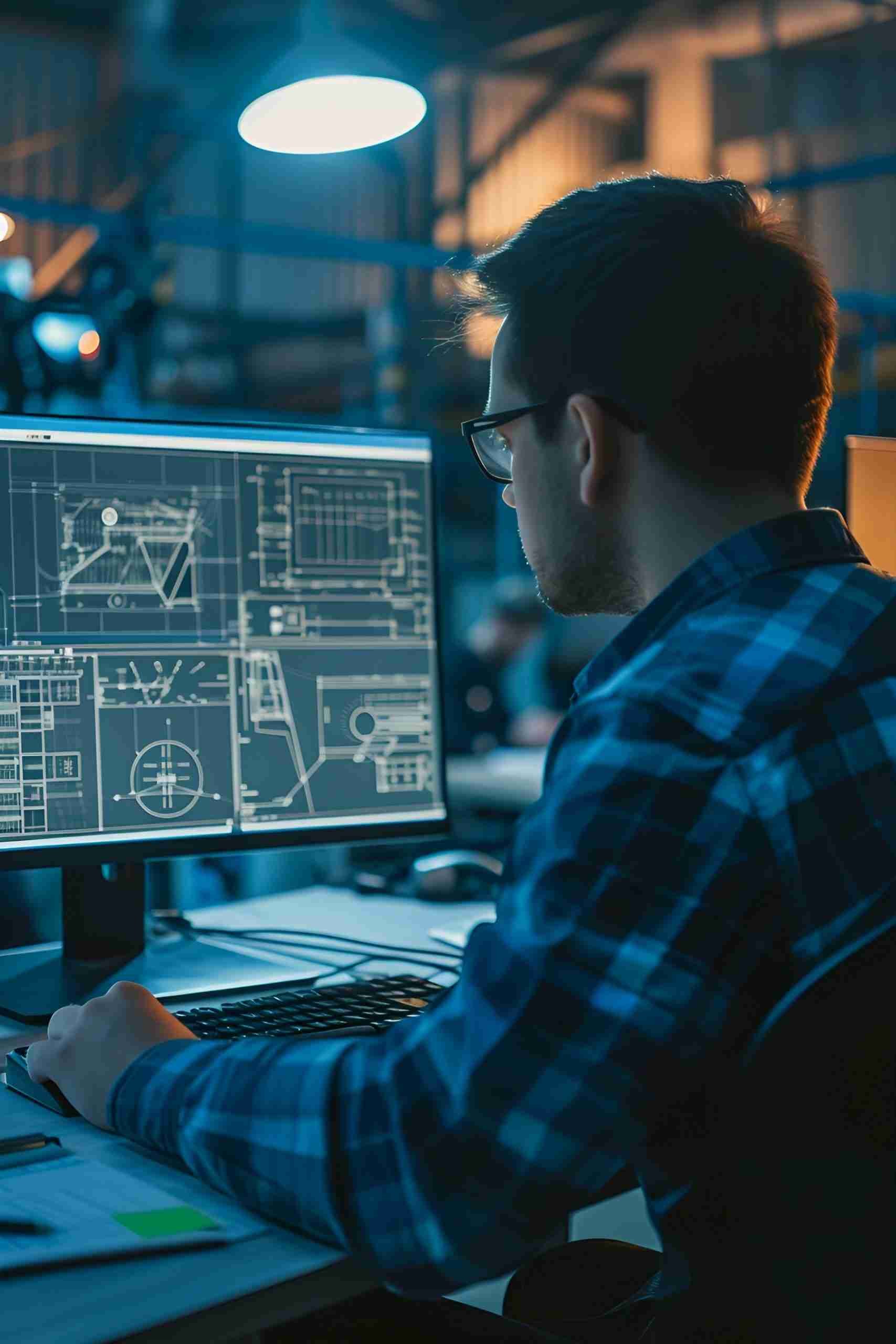 A person wearing glasses and a checkered shirt working at a computer with digital blueprints on the monitor in a dimly lit industrial or tech workspace.