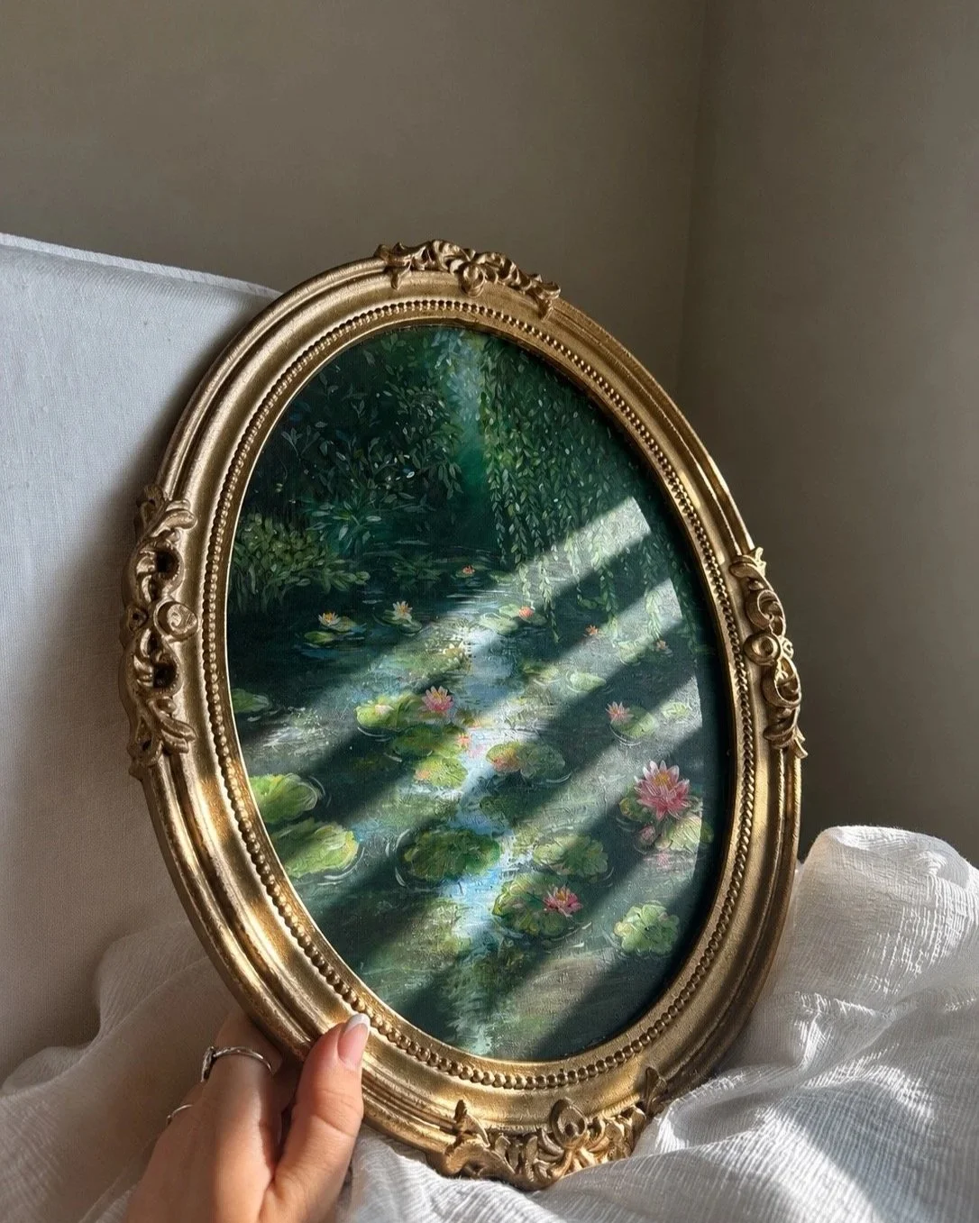 My first product on this website... This piece took two days of work and was inspired by a dark interior of a home I visited. I believed that the space needed something... decor in a specific color, a Dark moody green with a golden frame that I just 