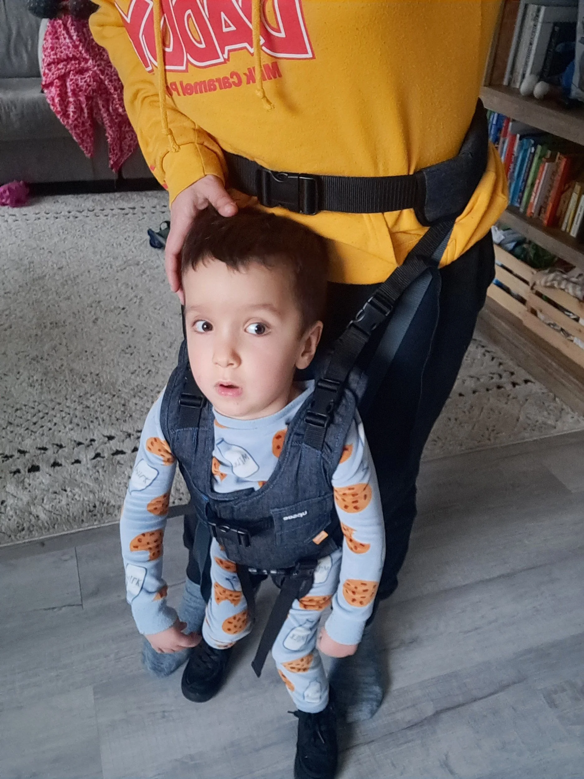 Silas practicing standing in his walking harness