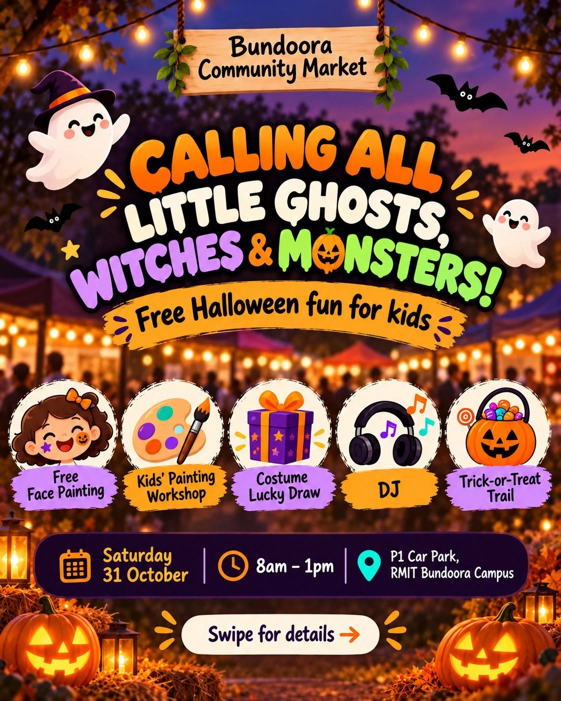 🎃👻 CALLING ALL LITTLE GHOSTS, WITCHES &amp; MONSTERS! 🧙&zwj;♀️🦇

This Saturday, we're bringing some extra Halloween magic to Bundoora Community Market, and the little ones are in for a treat! 🧡

Here's what's waiting for them&hellip;

🎨 FREE HA