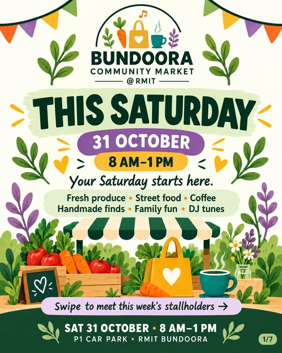 Your Saturday line-up is here! 🧡

Swipe through to meet the stalls joining us this Saturday - from fresh produce and delicious food to plants, handmade finds and sweet treats. Explore the RMIT craft stalls and enjoy music from Shanaaz DJ while you b
