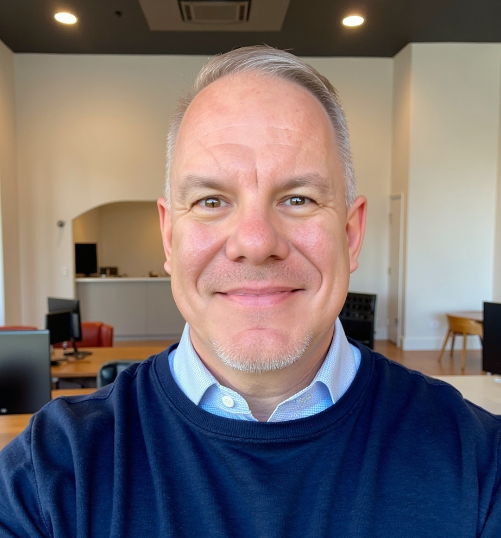 A middle-aged man taking a selfie in an office with multiple desks and computers in the background.