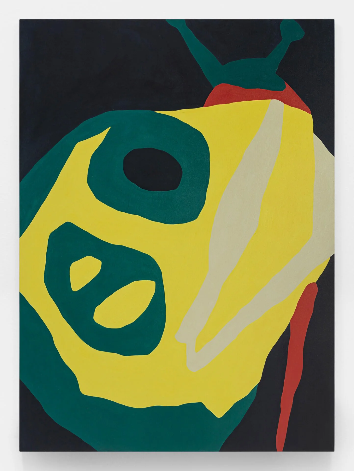 An abstract painting with large yellow, green, red, and black shapes layered and interconnected.
