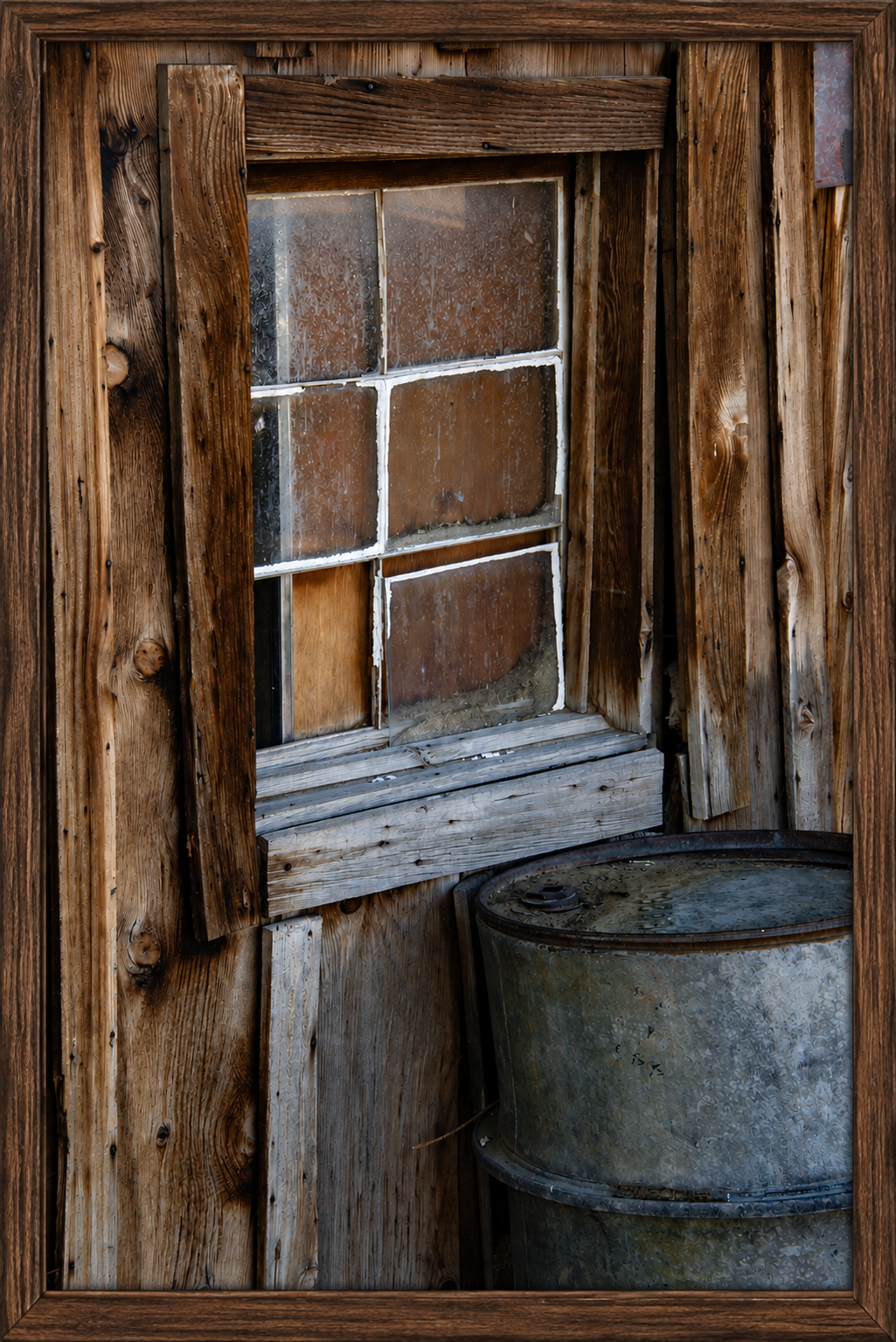 Framed Rustic Shed Window and Barrel.png