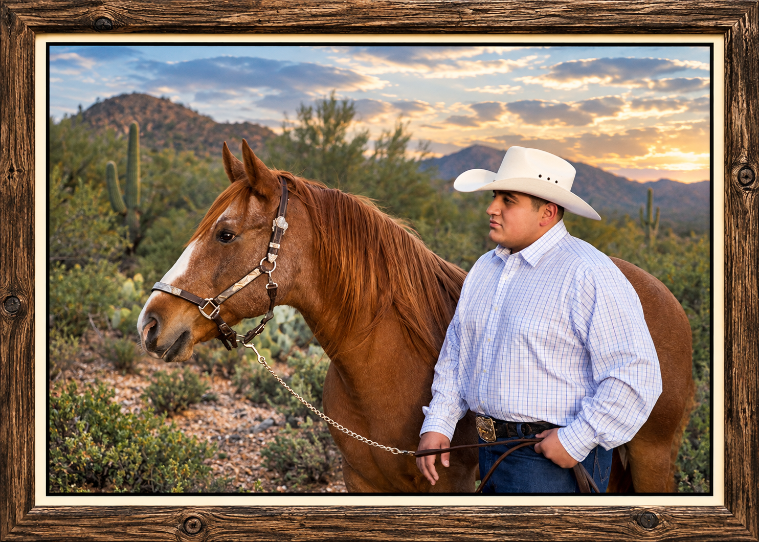 Framed Cowboy and Chestnut Horse at Sunset.png