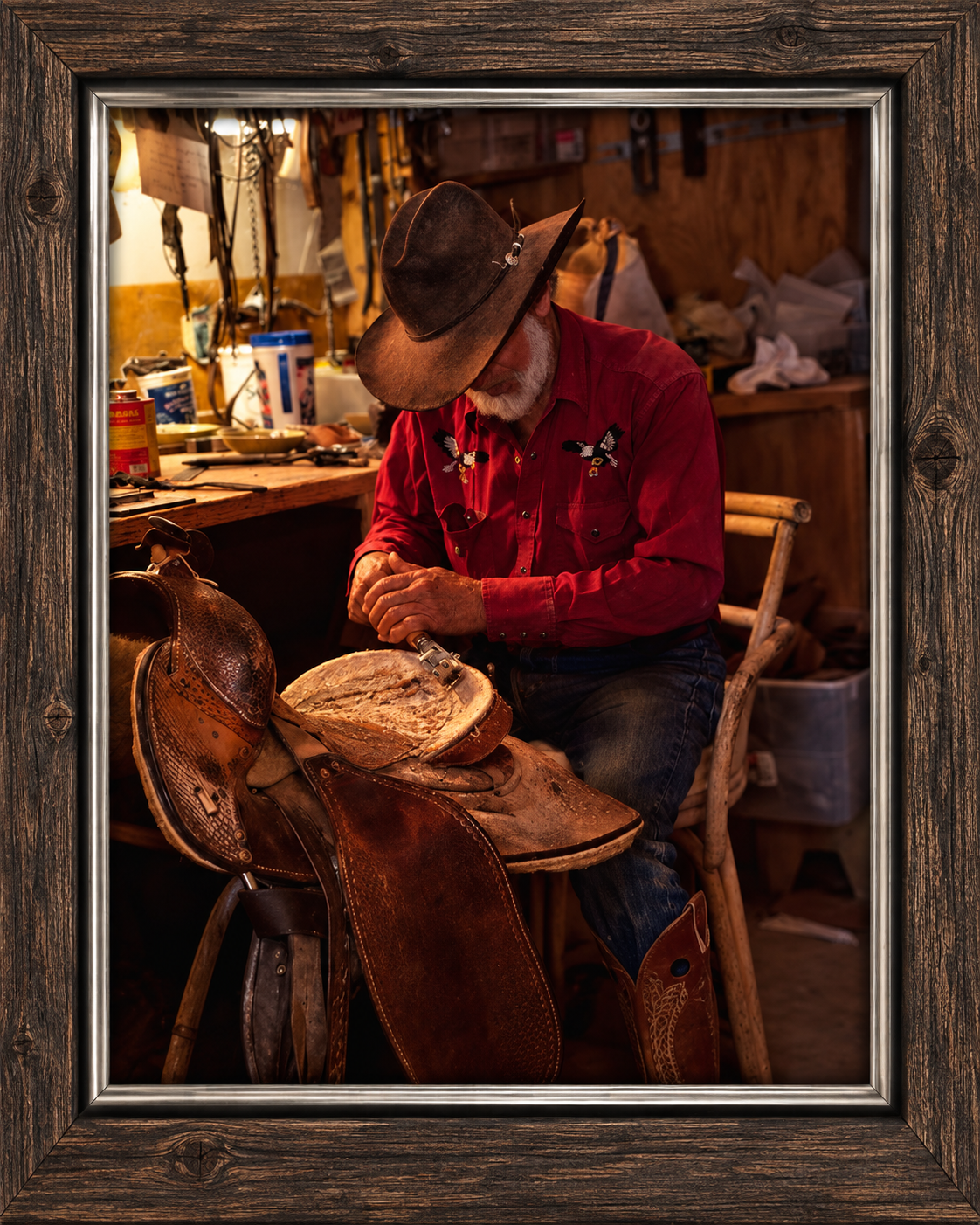 Cowboy Saddlemaker in a Rustic Workshop.png