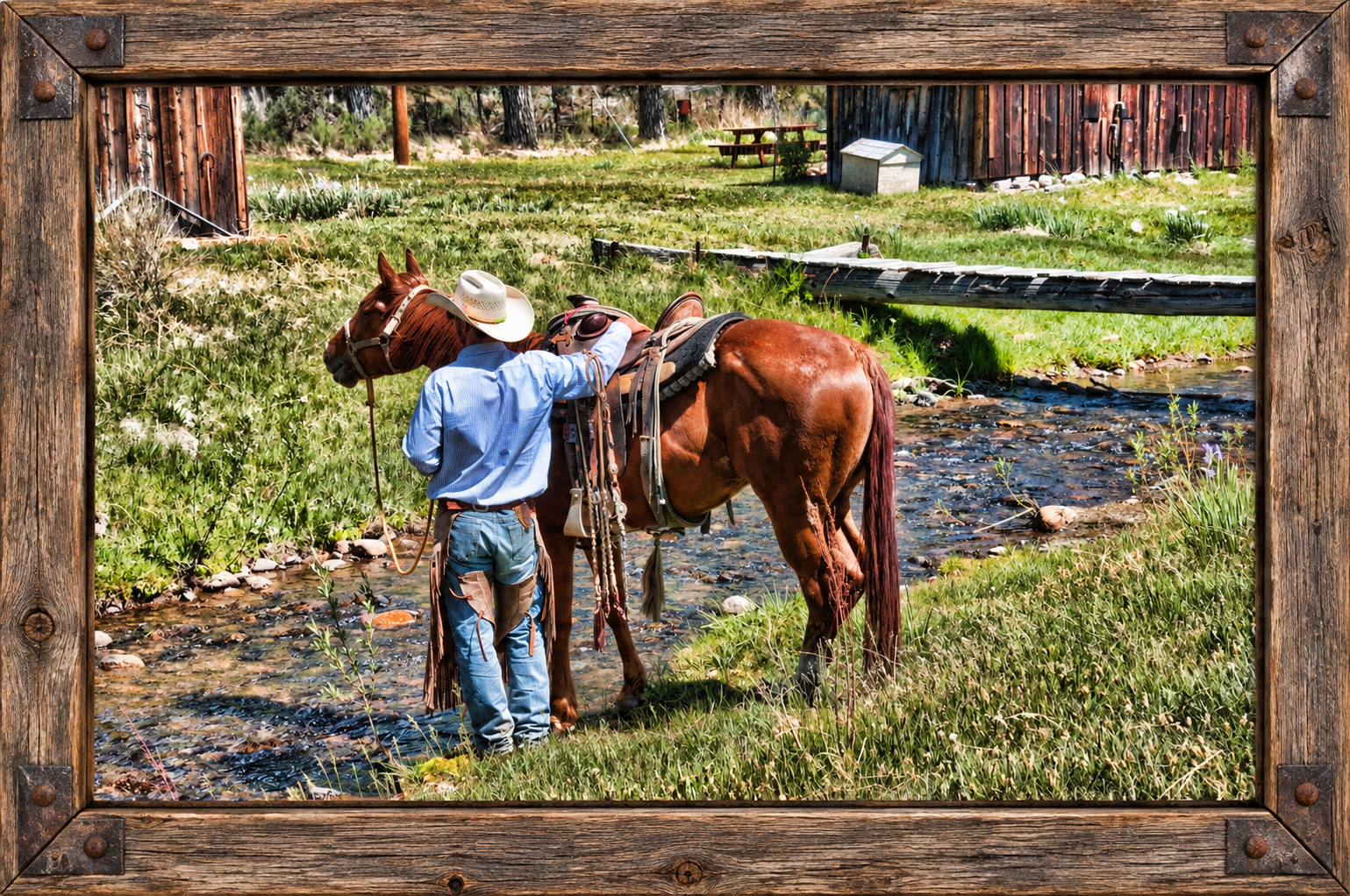 Rustic Cowboy and Horse Creekside.png