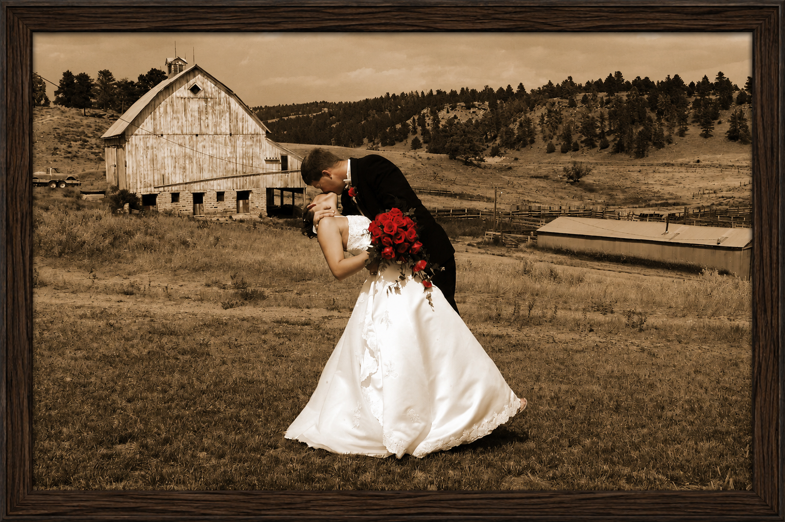 Framed Sepia Countryside Wedding Kiss.png
