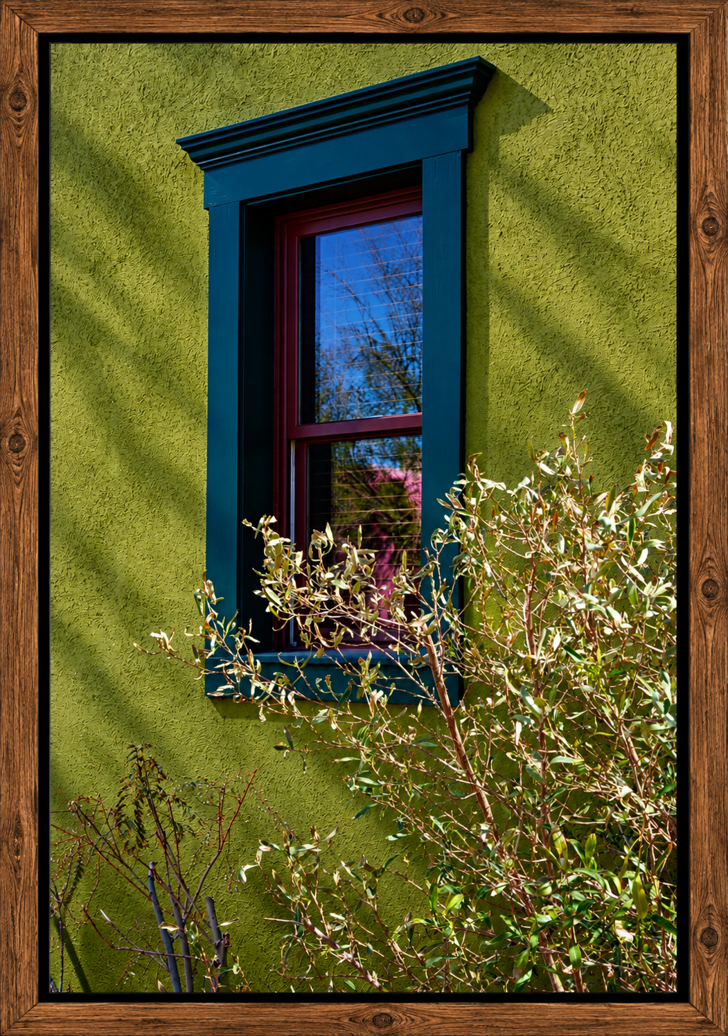 Framed Teal Window Amid Olive Stucco.png
