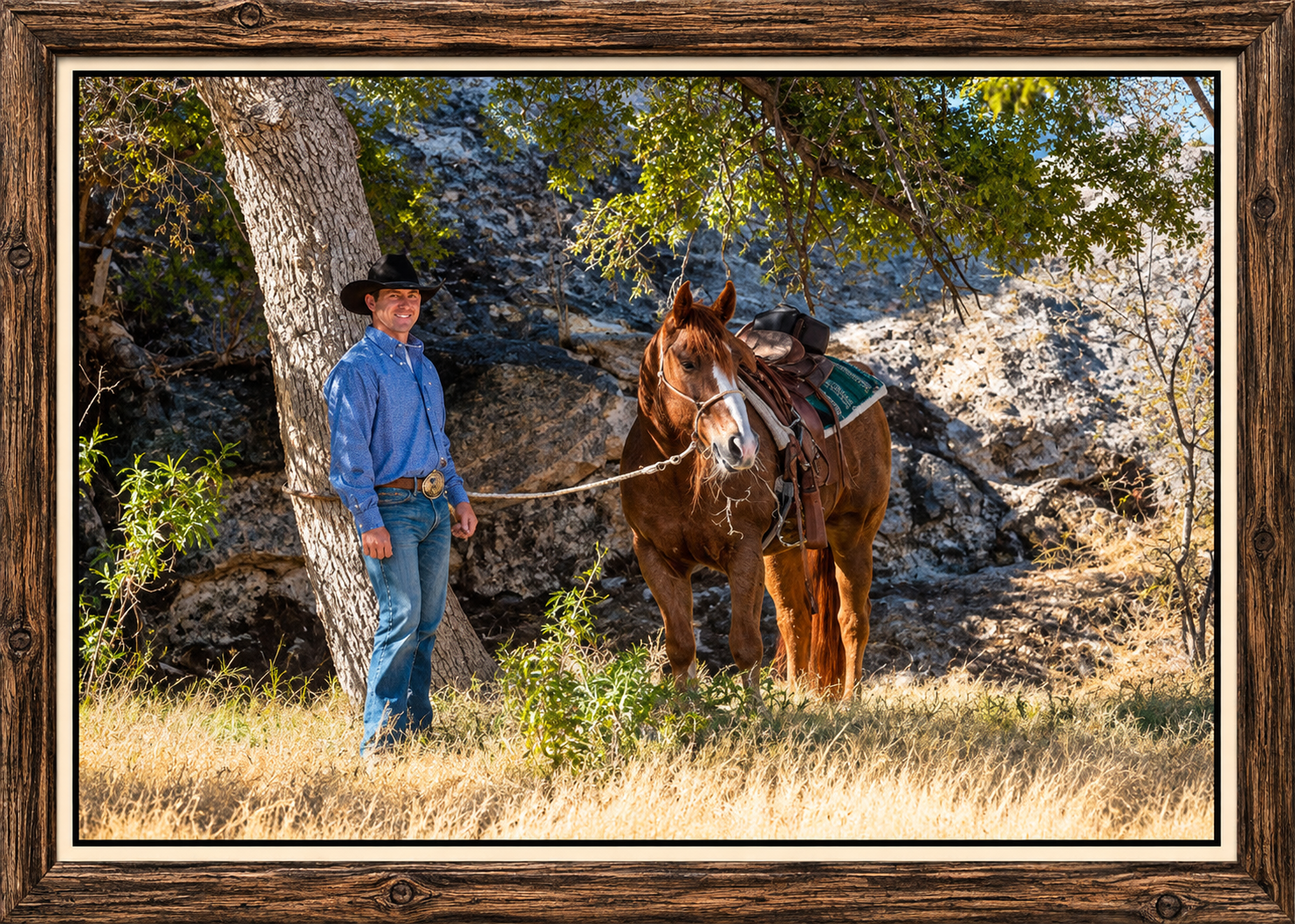 Cowboy and Chestnut Horse Under Oak Trees.png