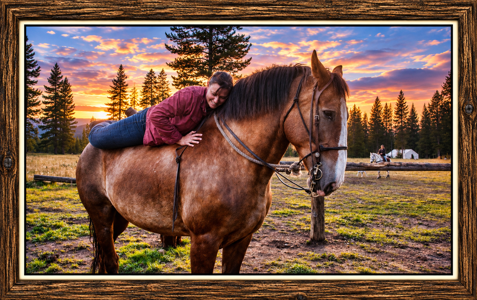 Sunset Horse Embrace in a Rustic Frame.png