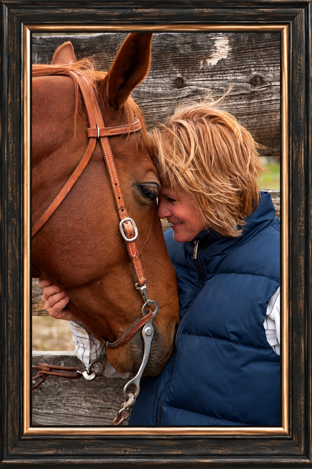Tender Horse Nuzzle in Rustic Frame.png