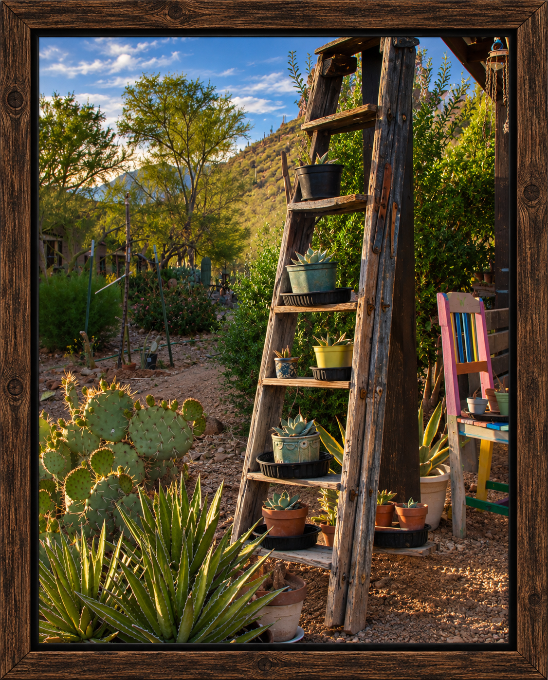 Framed Desert Garden Ladder in Golden Light.png