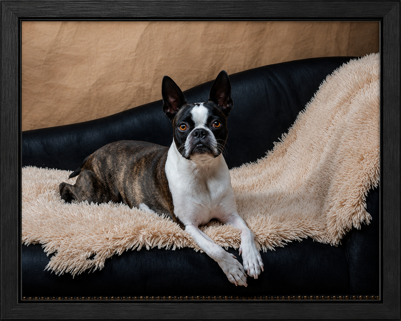 Boston Terrier on a Cozy Leather Sofa.png