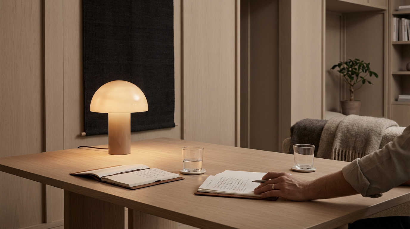 A person sitting at a wooden table with an open notebook and a pen, a lamp, and a glass of water on coaster, in a cozy room with neutral-colored decor and a bookshelf in the background.