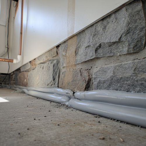 Wooden door frame sits on concrete floor with small rocks scattered near the metal threshold and white trim.