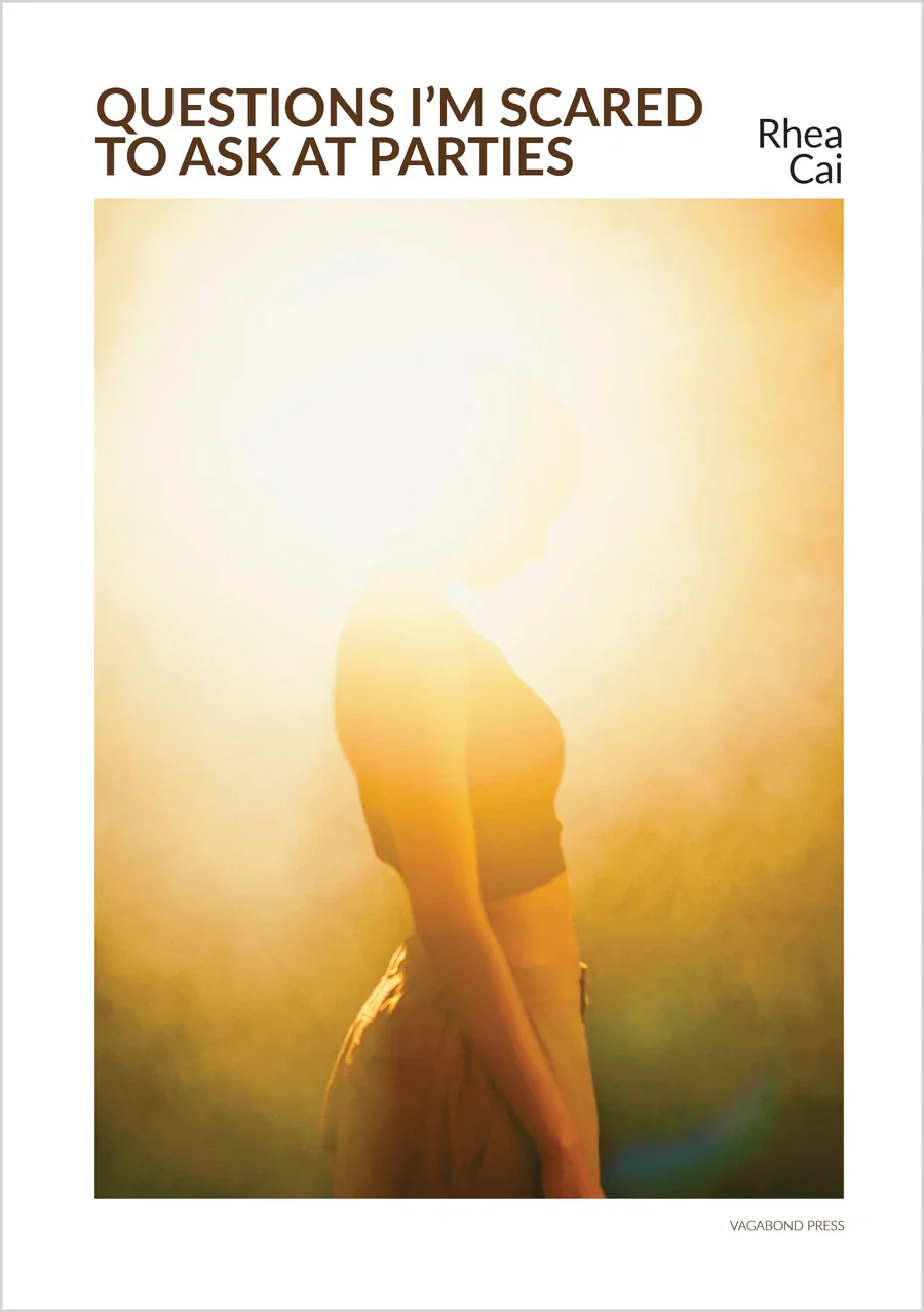 Book cover titled "Questions I'm Scared to Ask at Parties" by Rhea Cai, featuring a silhouette of a woman with short hair, standing sideways against a warm, glowing background.