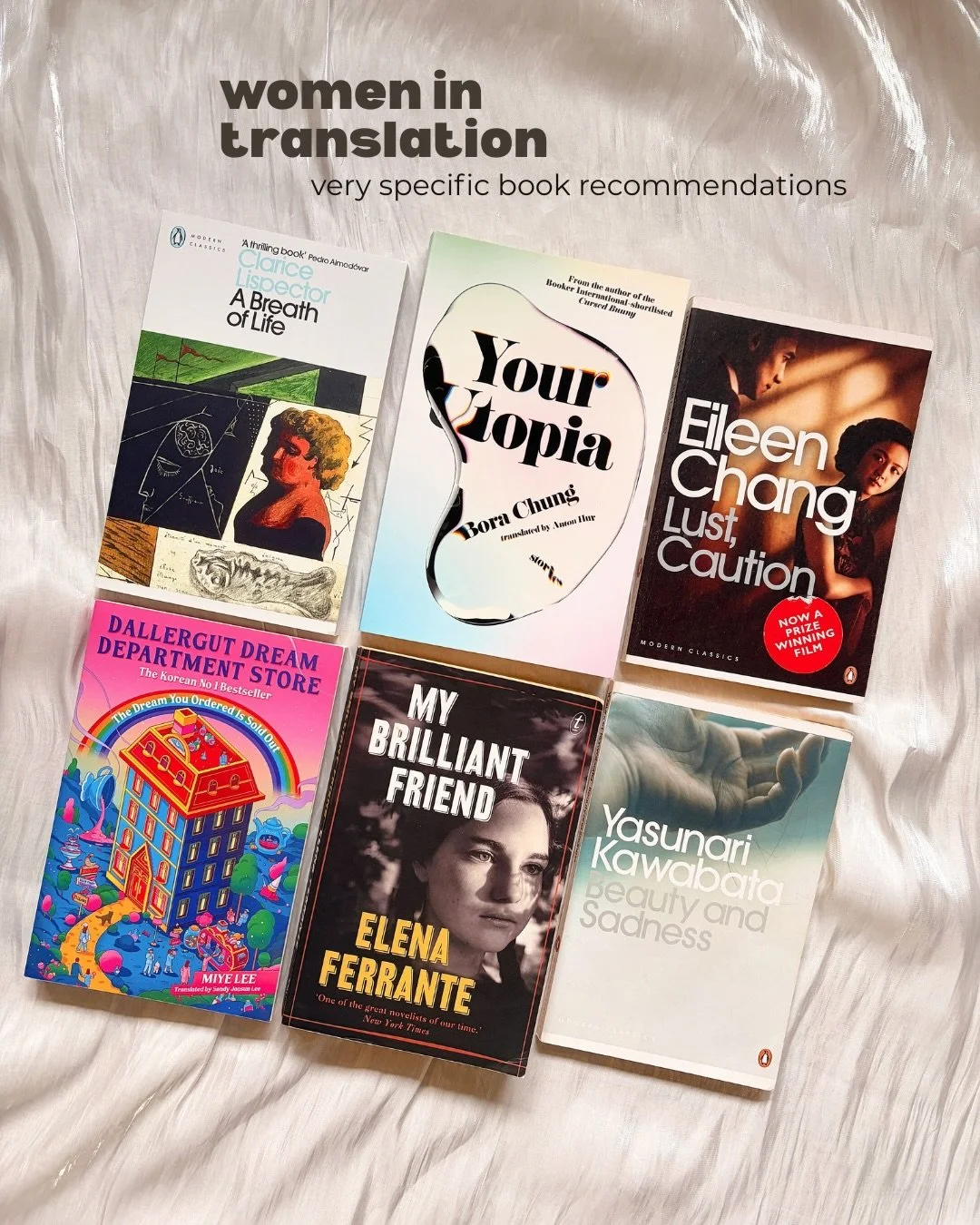 happy women in translation month 🥰 here are some of my favourites!! I realised I read a lot of translated lit from East Asia so please send any recommendations from other parts of the world my way! 

have you read any of these? 💗

🏷️ [ #bookstagra