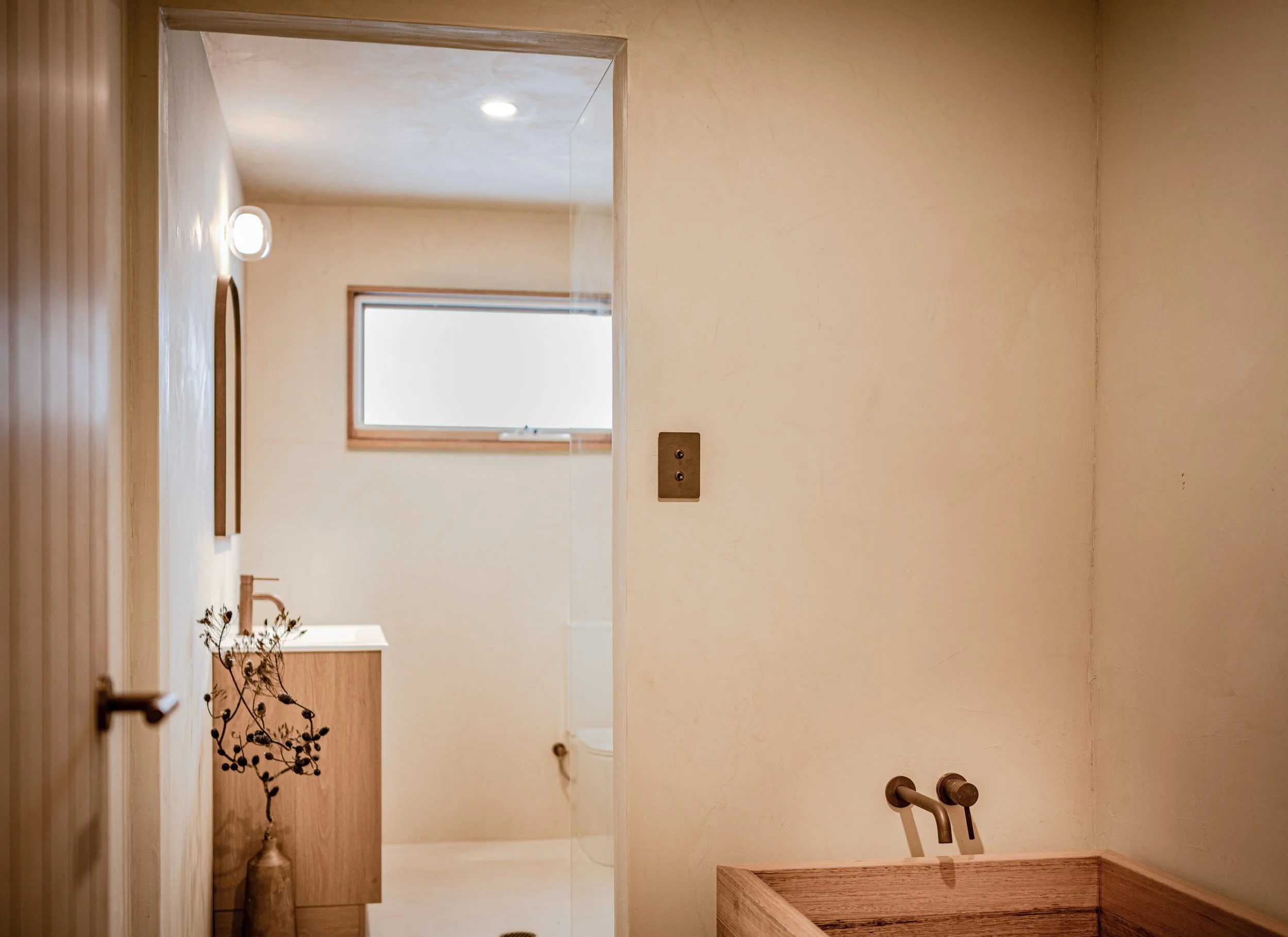 A bathroom with a wooden vanity, a potted plant, a window, and a door. The walls are painted in a light, neutral color, and there is a mounted light fixture above the window.