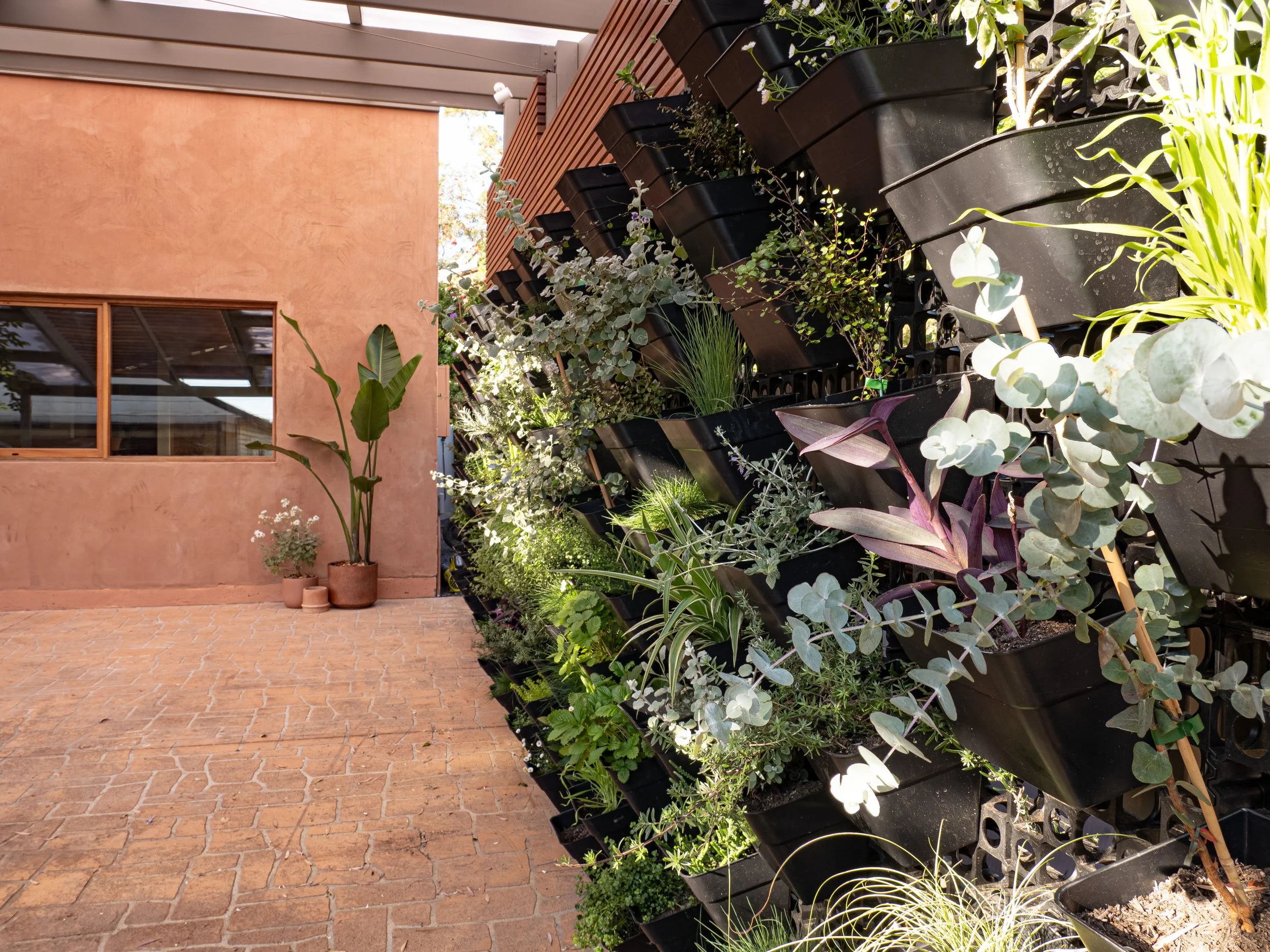 A vertical garden with multiple black plant containers mounted on a wall, filled with various plants and foliage, next to a peach-colored building with a window.