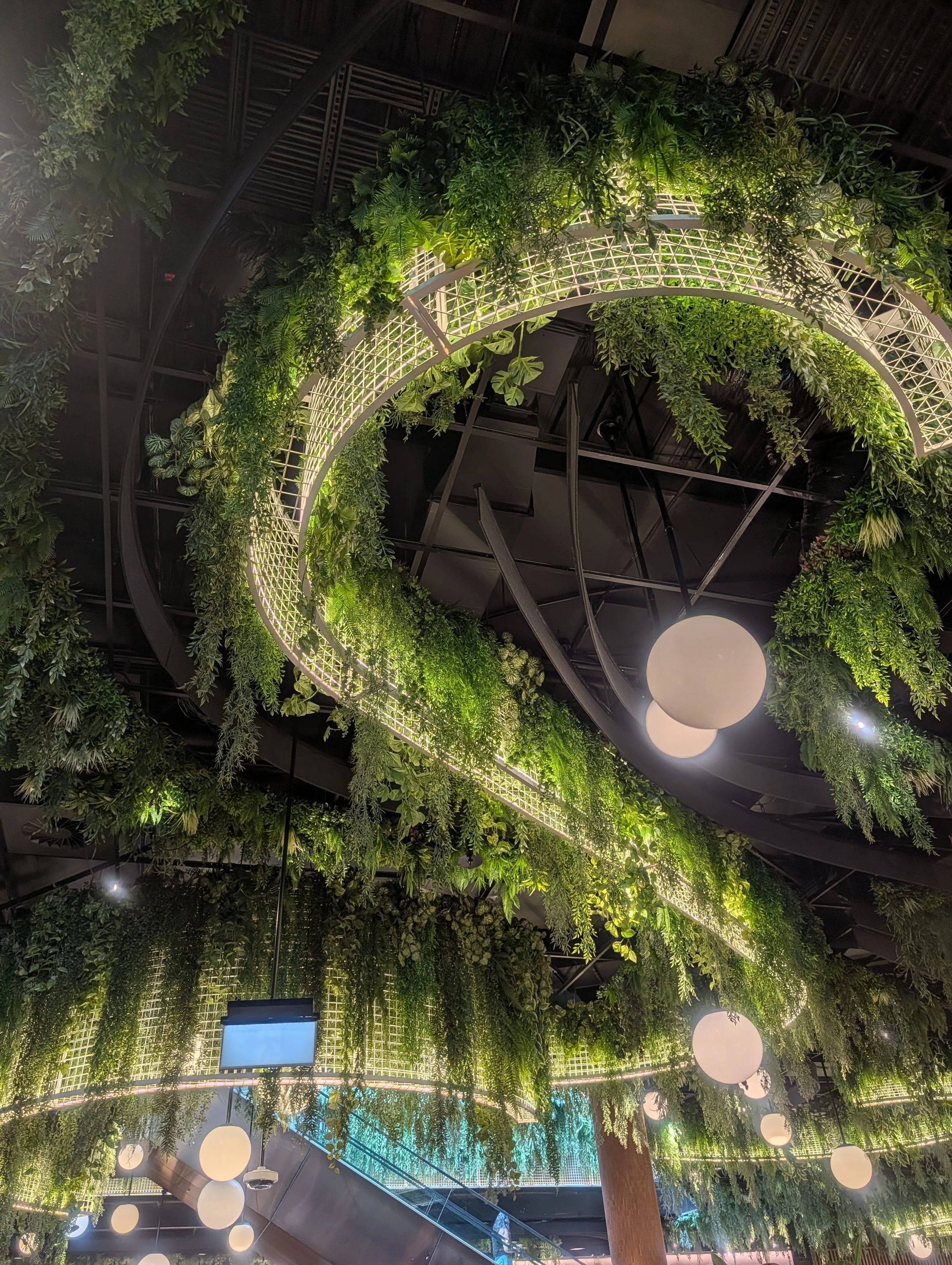 Ceiling with lush green plants and circular light fixtures in an indoor space, possibly a shopping mall or modern public area.