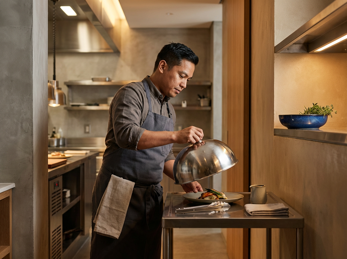 A chef in a gray apron removes a cover from a plate of food in a modern kitchen.