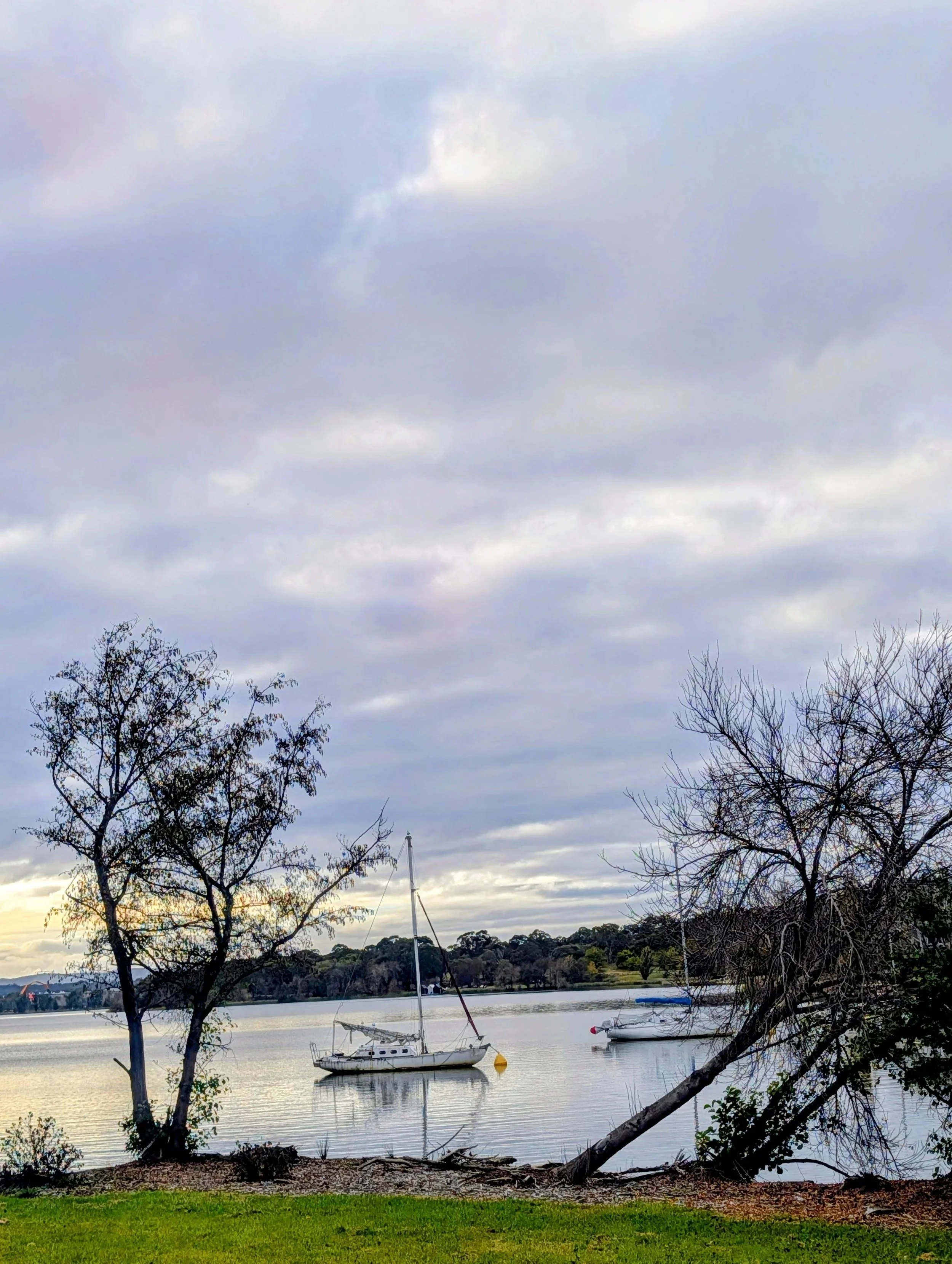A lakeside scene with a sailboat anchored near the shore, leafless trees in the foreground, and a cloudy sky above.