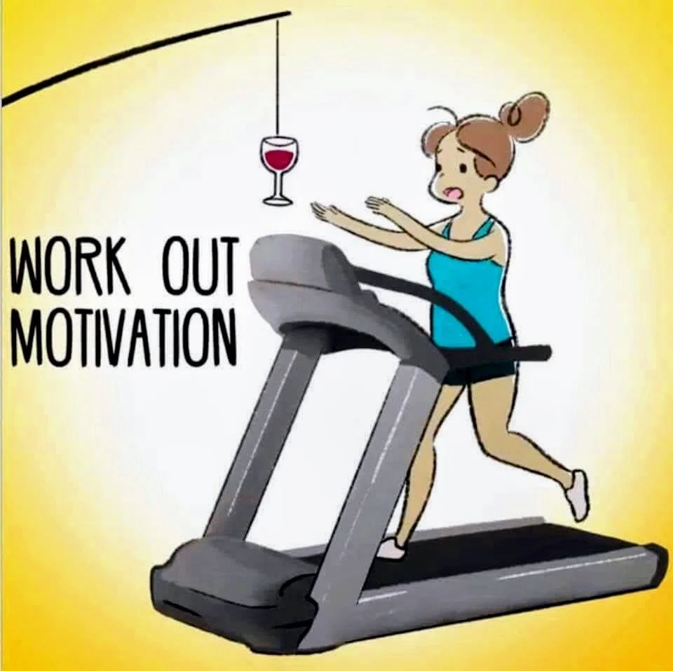 Cartoon of a woman running on a treadmill with a glass of red wine hanging above her, with the text 'Work Out Motivation' to the left.