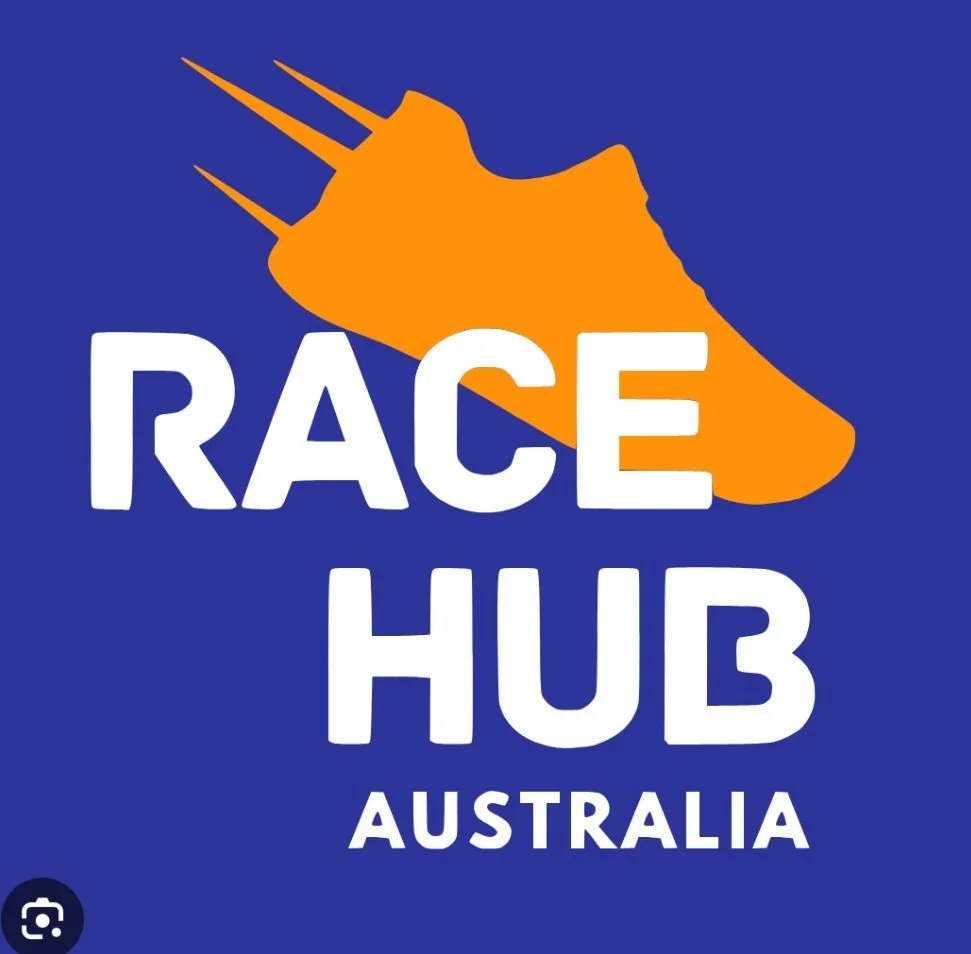 Logo for Race Hub Australia featuring an orange race shoe with two spikes on a blue background with white text.