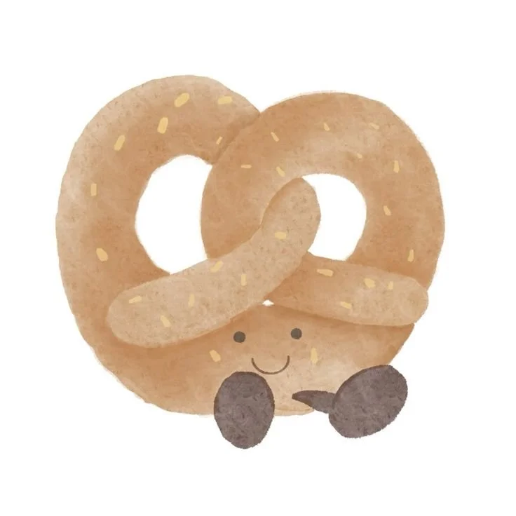 Cartoon drawing of a pretzel with a smiling face and little eyes, with two small black feet.