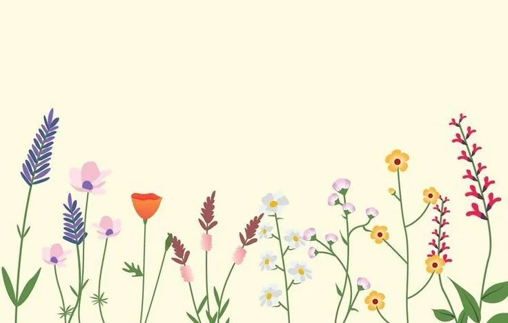 Line of colorful wildflowers on a pale yellow background.