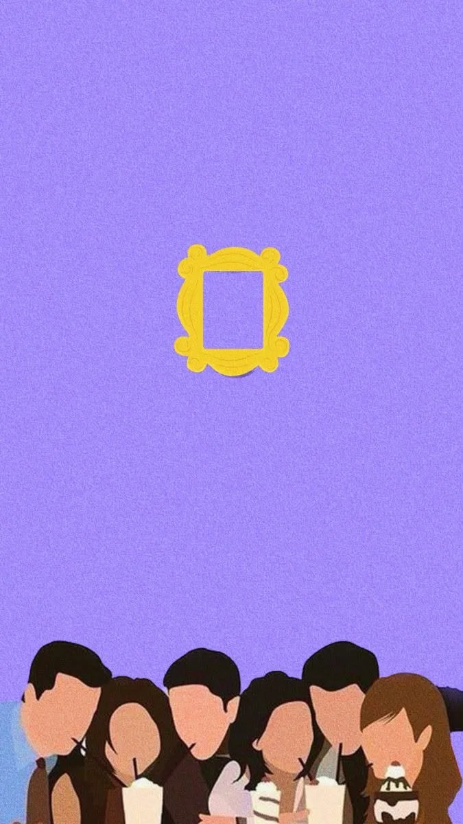 Illustration of a group of people sitting together, with faces not detailed, looking at their phones, against a purple background with a yellow ornate frame in the center.