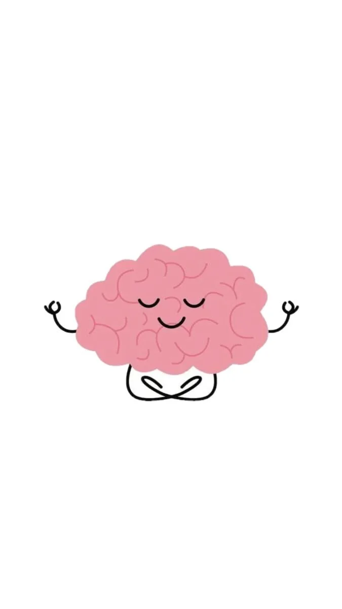 Illustration of a pink brain with a smiling face, closed eyes, and arms crossed in a meditative pose.