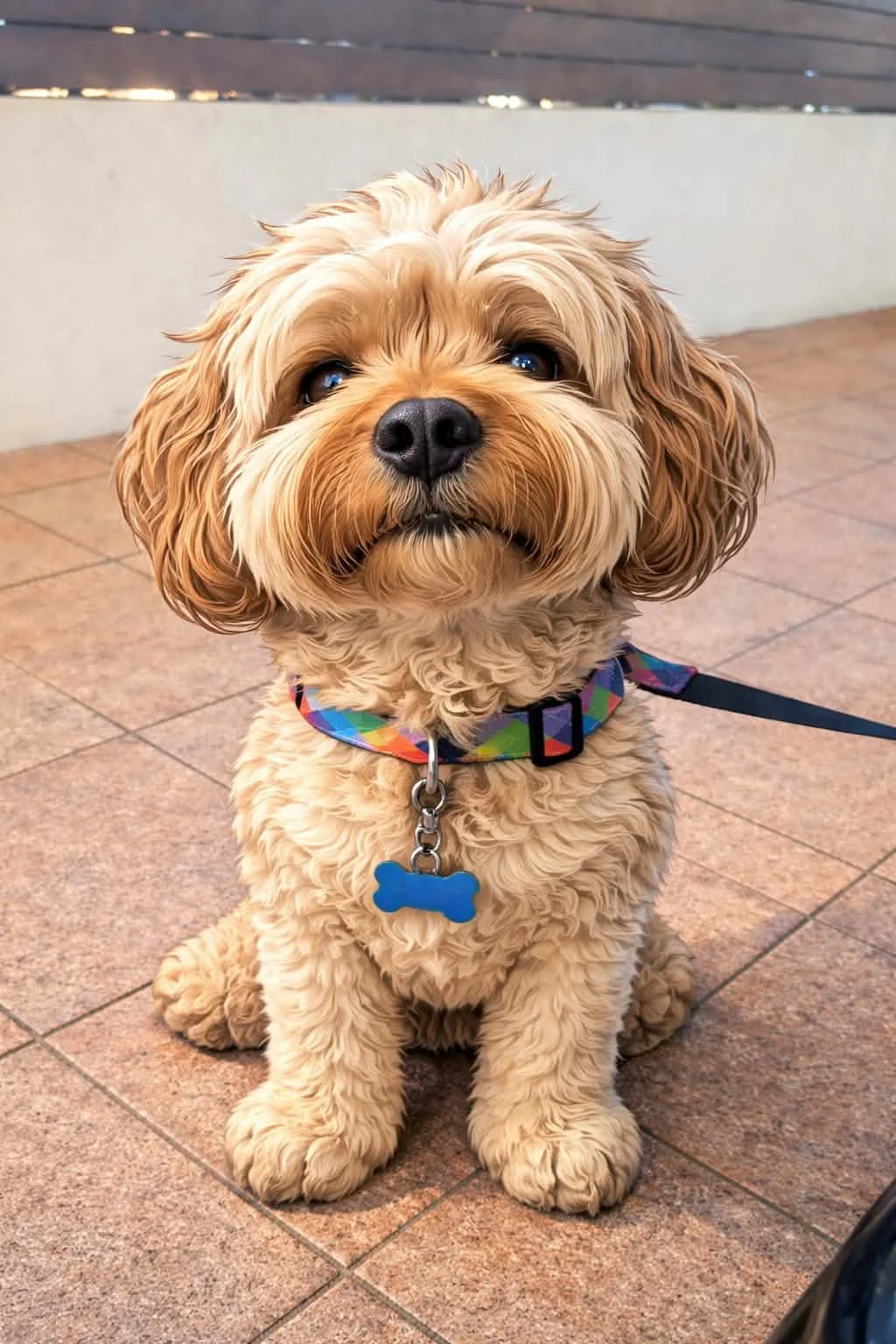 Cute, fluffy tan-colored dog with curly fur, sitting on tiled floor, wearing a colorful collar with a blue bone-shaped tag.