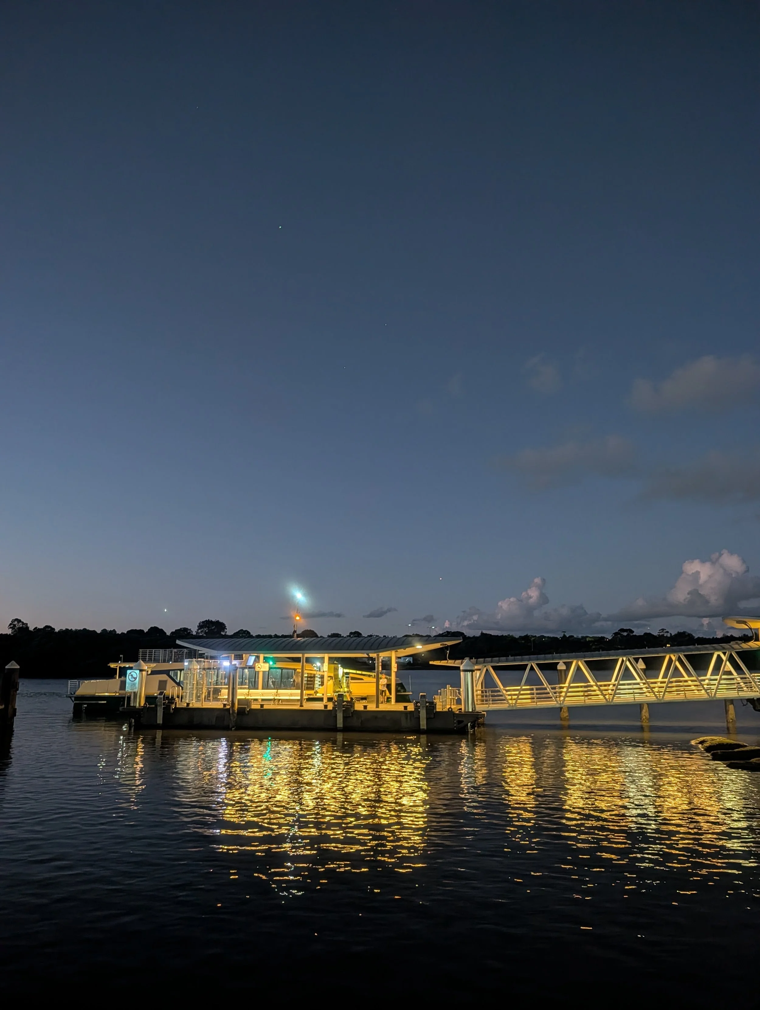 A floating dock with a covered area on a river, illuminated by lights, with reflections on the water, and a dark sky above with a few clouds and visible stars.