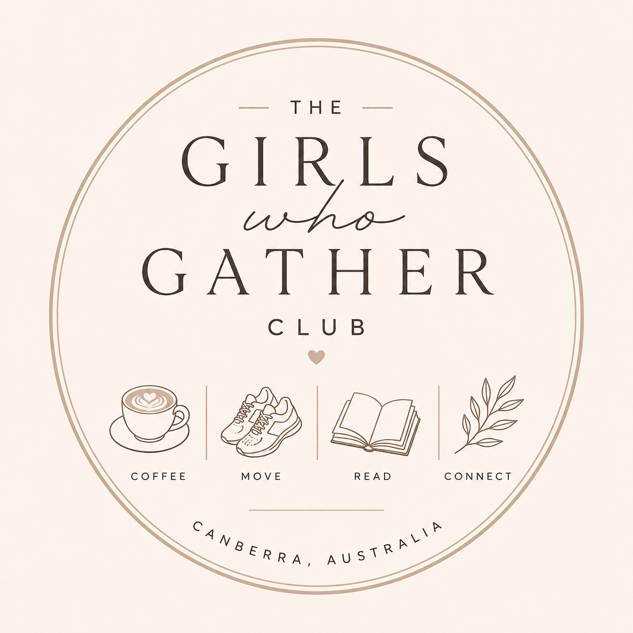 Logo for The Girls Who Gather Club in Canberra, Australia, featuring icons of a coffee cup, sneakers, an open book, and a plant, with the club's name and location.